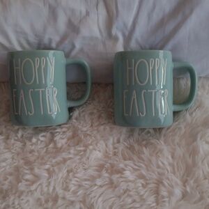 Rae Dunn, "Hoppy Easter" 2 mugs, light blue, NEW